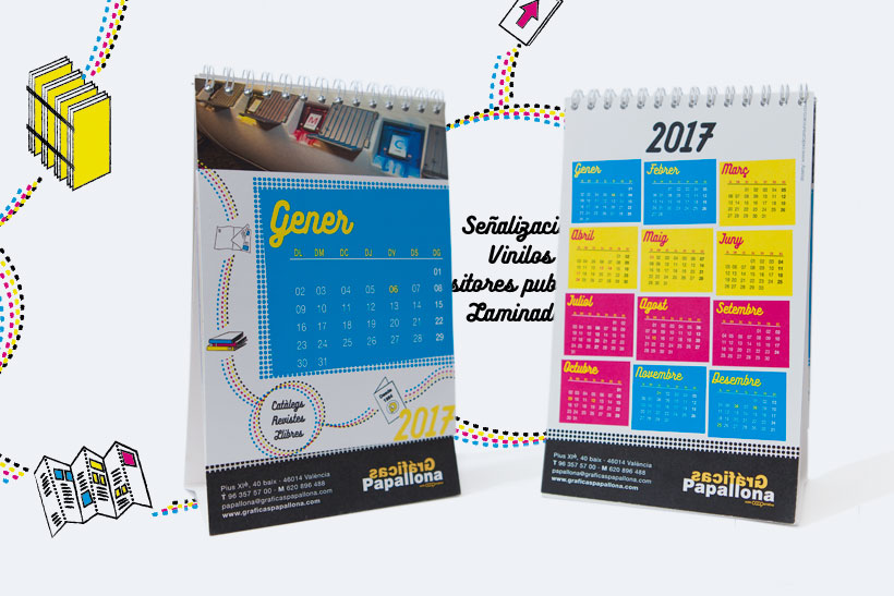 Disseny de retolació comercial amb il·lustracions eclusives per a la imprempta de València Gràficas Papallona. Aprofitant el canvi de look de la façana s'aplica el mateix grafisme al calendari de l'any (2017) al qual es suma la fotografia de les instal·lacions i maquines.