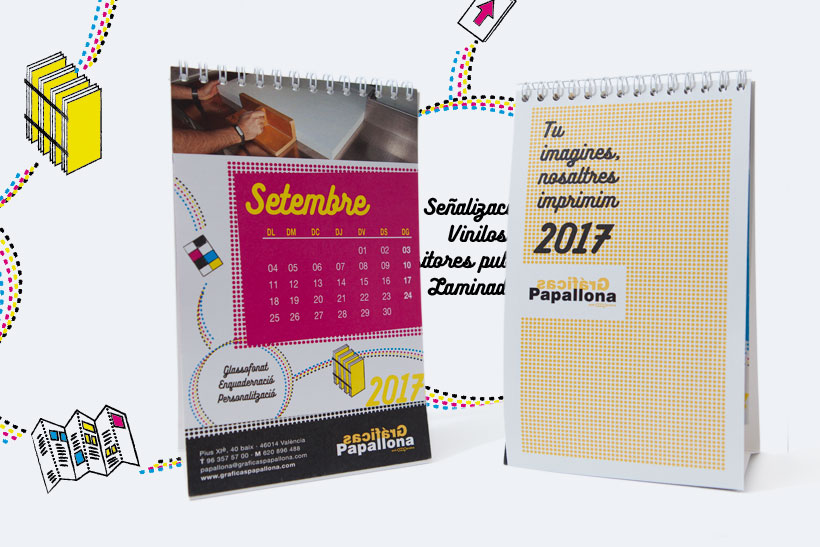 Disseny de retolació comercial amb il·lustracions eclusives per a la imprempta de València Gràficas Papallona. Aprofitant el canvi de look de la façana s'aplica el mateix grafisme al calendari de l'any (2017) al qual es suma la fotografia de les instal·lacions i maquines.