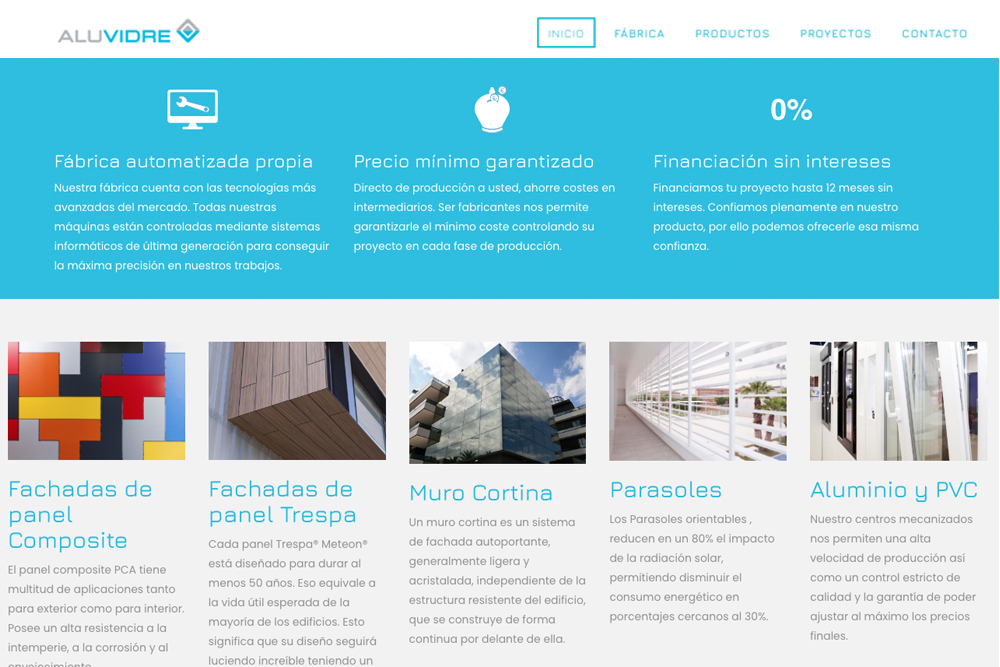 Disseny web Aluvidre Plasticos y Aluminio. Página home de la web.
